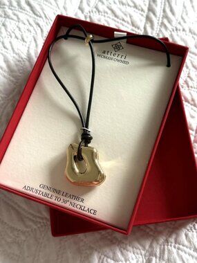 Atterri Modern Gold Tone Pendant Necklace Adjustable Genuine Leather Cord New